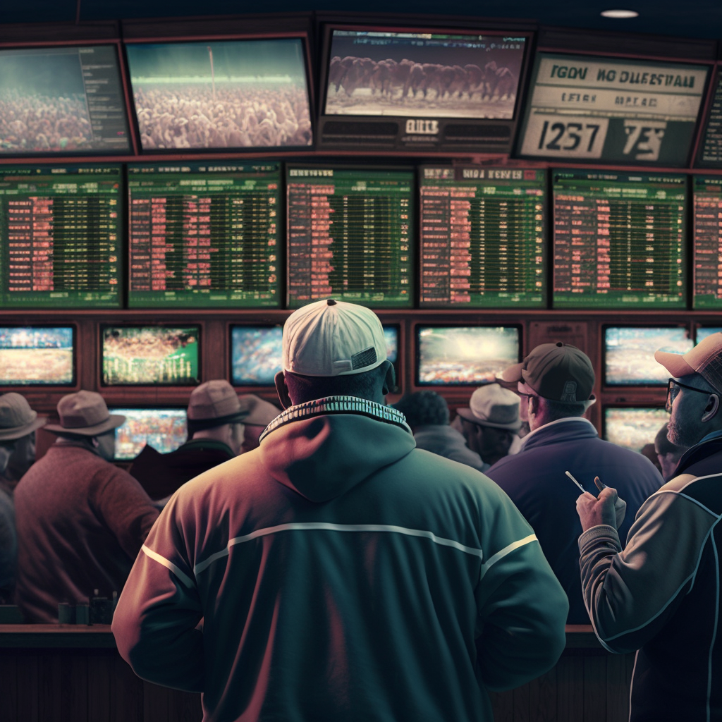 Illustration of man observing screens showcasing various sports odds, representing the diverse betting opportunities available on sports betting websites.